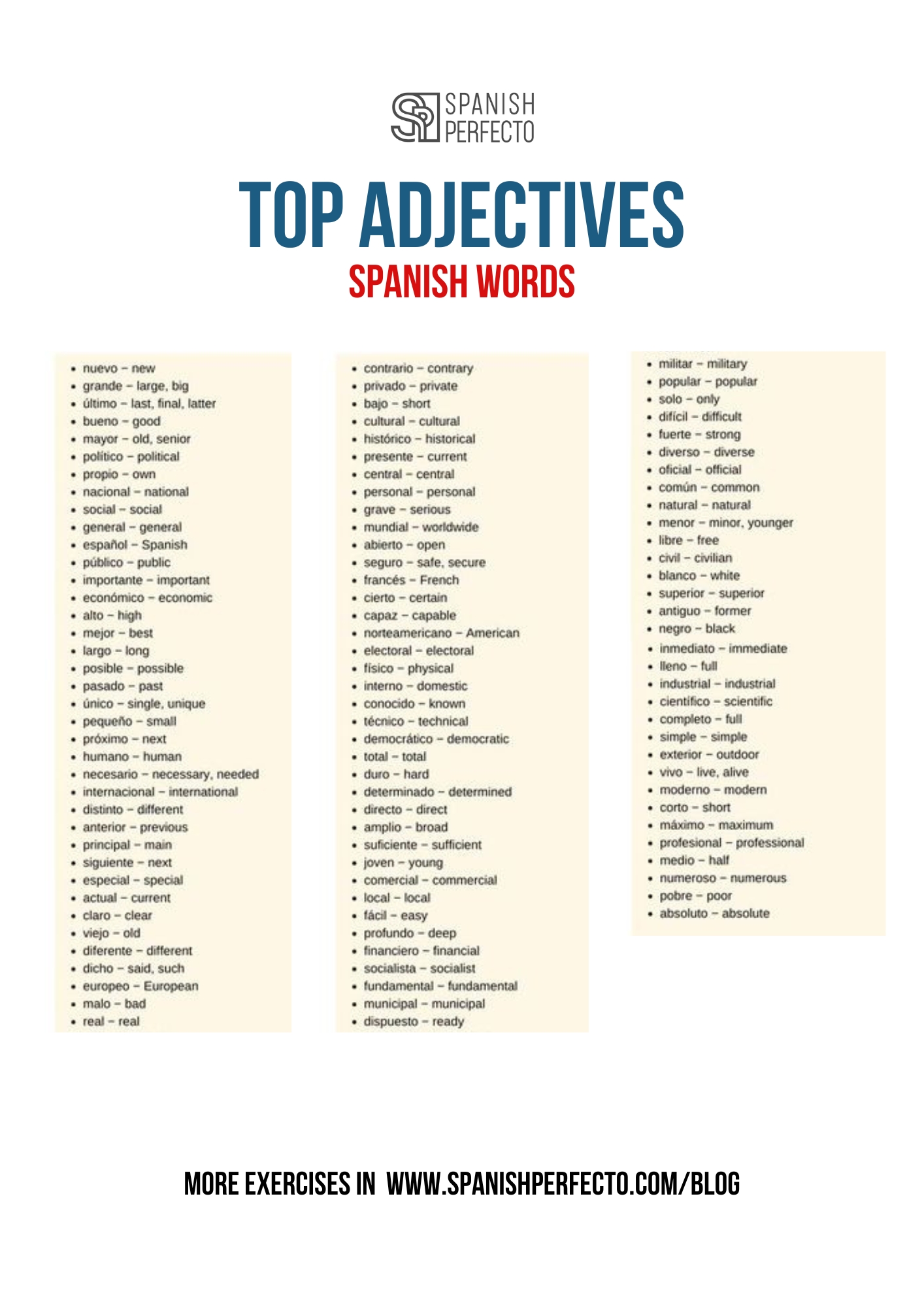 Top adjectives in Spanish - Spanish Classes in Houston Spanish Perfecto